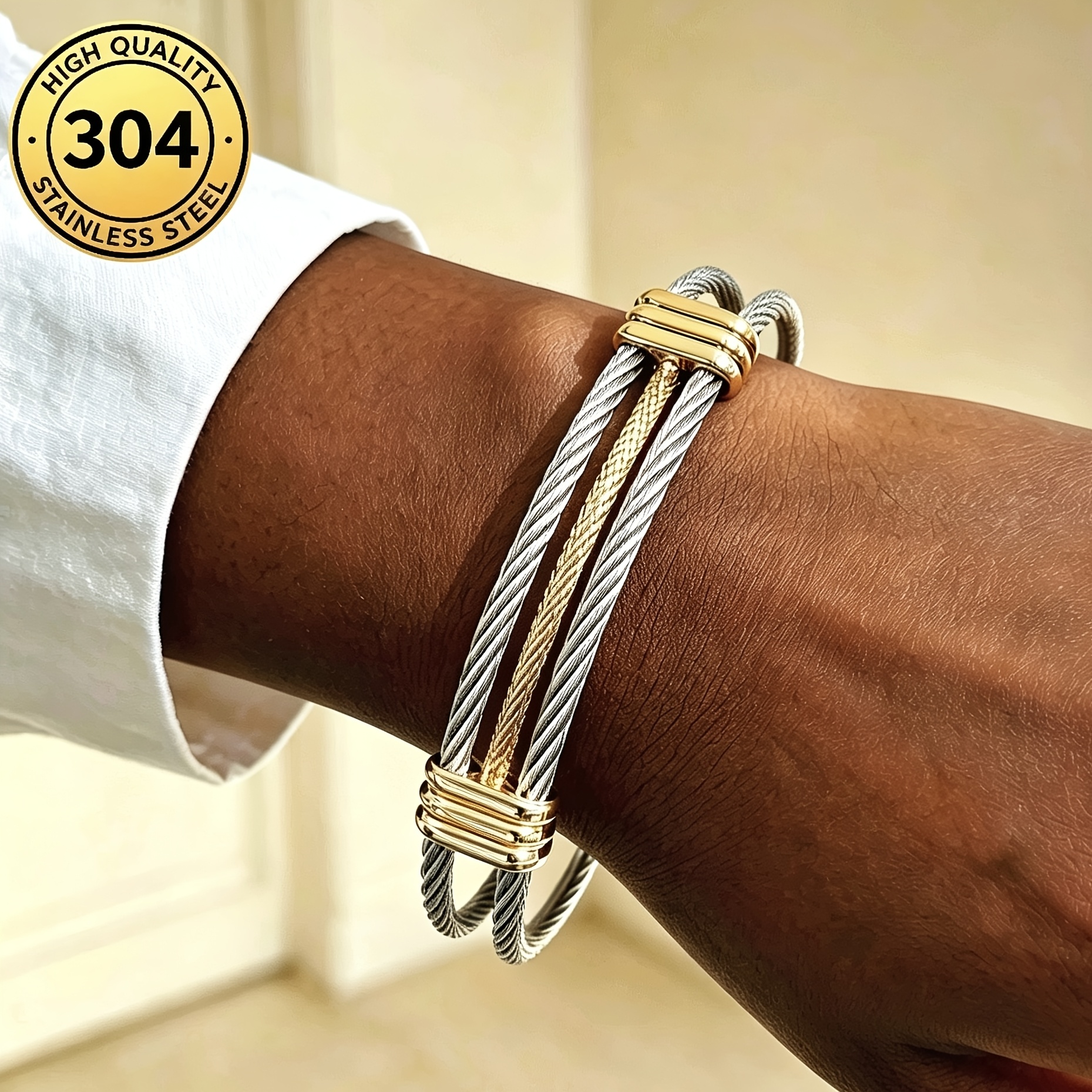 Minimalist Two-Tone Double Strand Cable Bracelet, Adjustable Gift